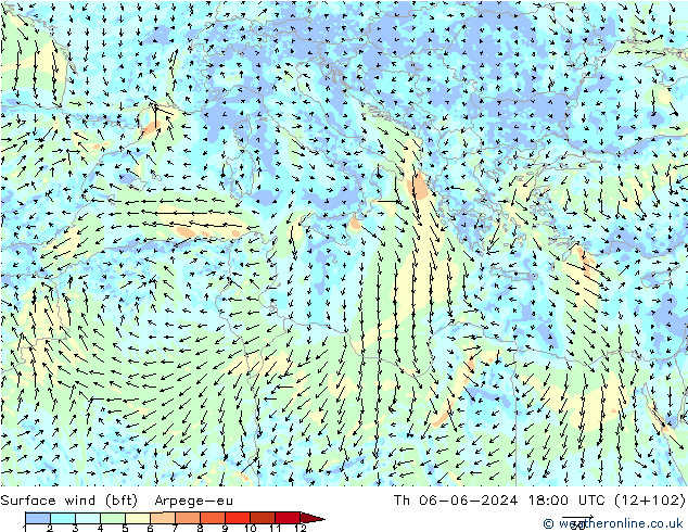 Bodenwind (bft) Arpege-eu Do 06.06.2024 18 UTC