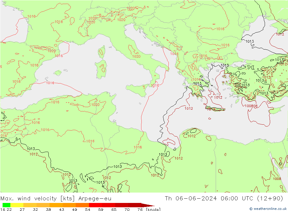 Max. wind velocity Arpege-eu  06.06.2024 06 UTC