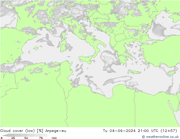 Cloud cover (low) Arpege-eu Tu 04.06.2024 21 UTC