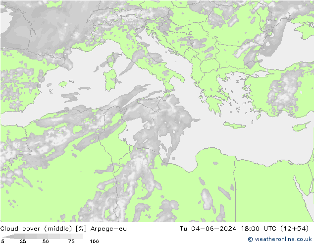 Cloud cover (middle) Arpege-eu Tu 04.06.2024 18 UTC