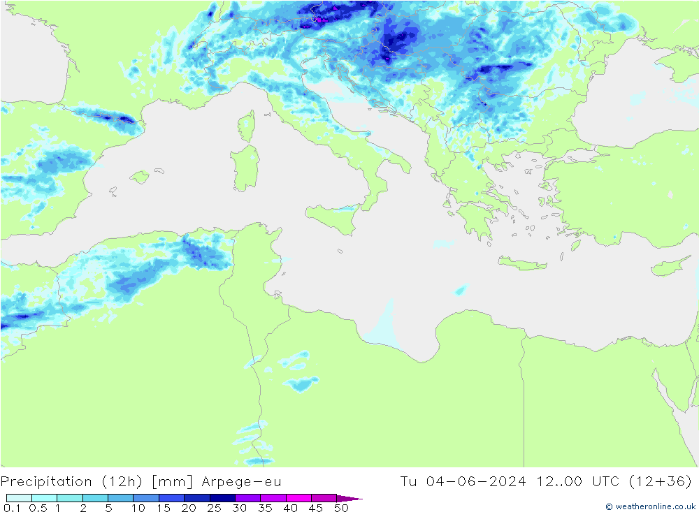 Precipitação (12h) Arpege-eu Ter 04.06.2024 00 UTC