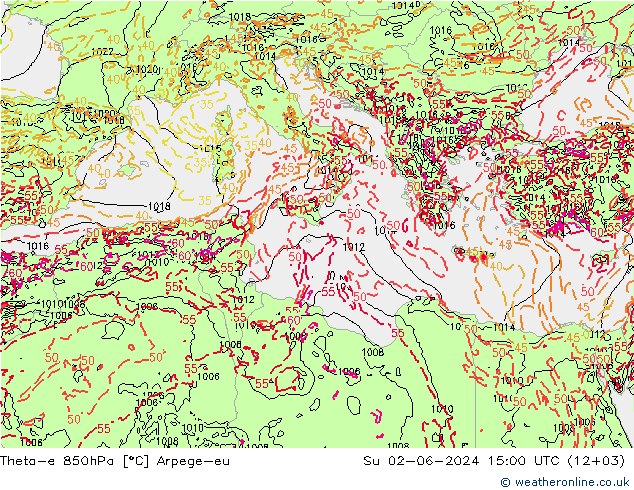 Theta-e 850hPa Arpege-eu Dom 02.06.2024 15 UTC