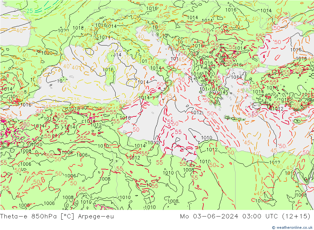 Theta-e 850hPa Arpege-eu Seg 03.06.2024 03 UTC