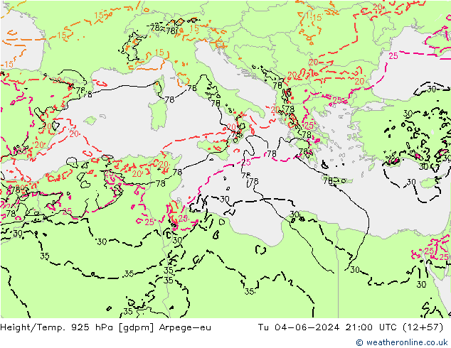 Height/Temp. 925 hPa Arpege-eu Tu 04.06.2024 21 UTC