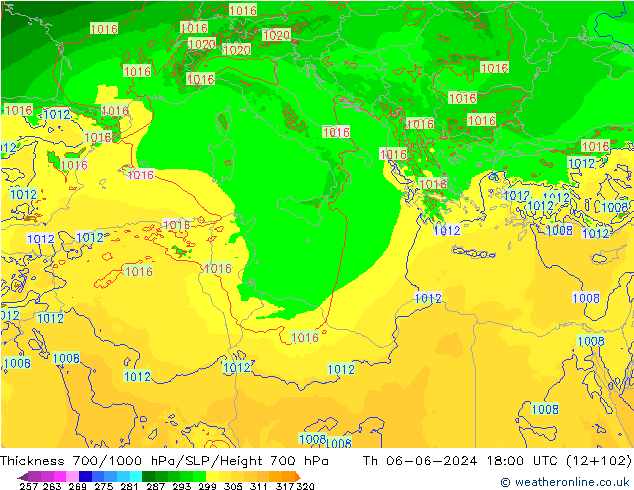 Thck 700-1000 гПа Arpege-eu чт 06.06.2024 18 UTC