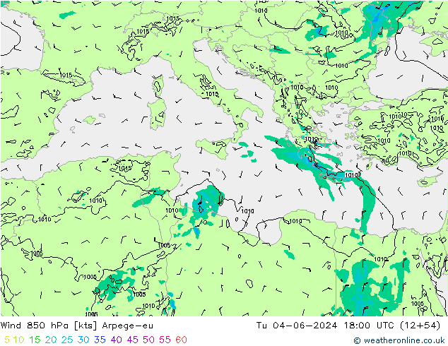 Wind 850 hPa Arpege-eu Tu 04.06.2024 18 UTC