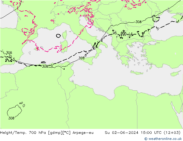 Height/Temp. 700 hPa Arpege-eu  02.06.2024 15 UTC
