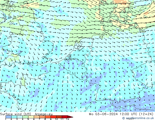Surface wind (bft) Arpege-eu Mo 03.06.2024 12 UTC