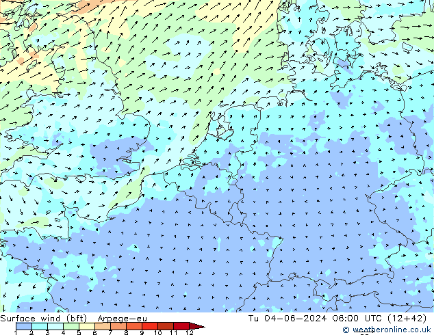 Surface wind (bft) Arpege-eu Út 04.06.2024 06 UTC