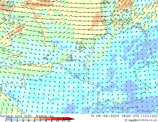 Wind 10 m (bft) Arpege-eu do 06.06.2024 18 UTC