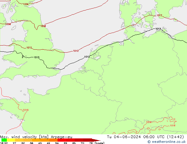 Max. wind velocity Arpege-eu mar 04.06.2024 06 UTC