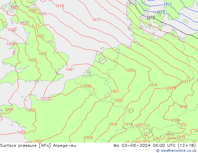 Pressione al suolo Arpege-eu lun 03.06.2024 06 UTC