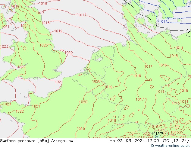 Pressione al suolo Arpege-eu lun 03.06.2024 12 UTC