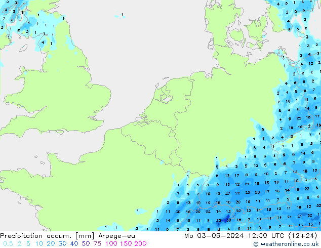 Precipitation accum. Arpege-eu 星期一 03.06.2024 12 UTC