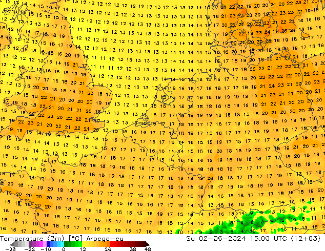 Temperature (2m) Arpege-eu Su 02.06.2024 15 UTC