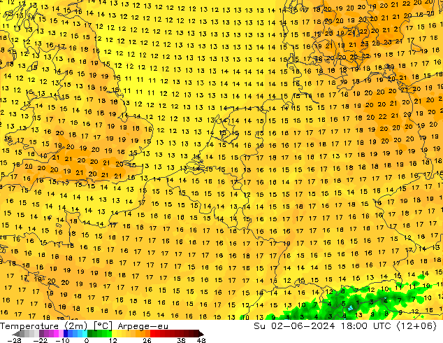 Temperature (2m) Arpege-eu Su 02.06.2024 18 UTC