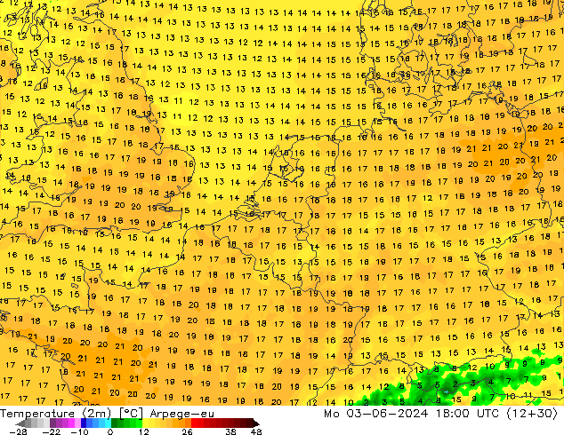 Temperatuurkaart (2m) Arpege-eu ma 03.06.2024 18 UTC