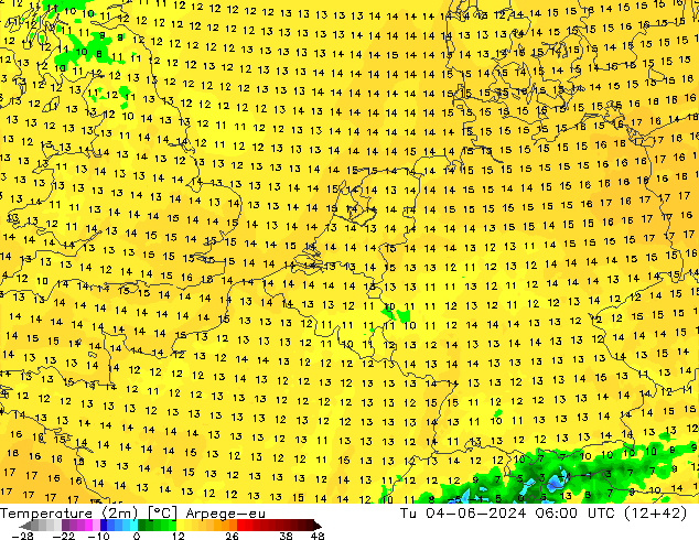 température (2m) Arpege-eu mar 04.06.2024 06 UTC
