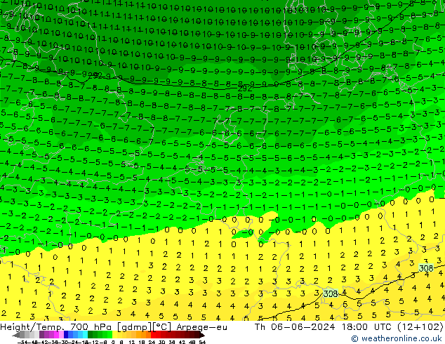 Height/Temp. 700 hPa Arpege-eu Th 06.06.2024 18 UTC