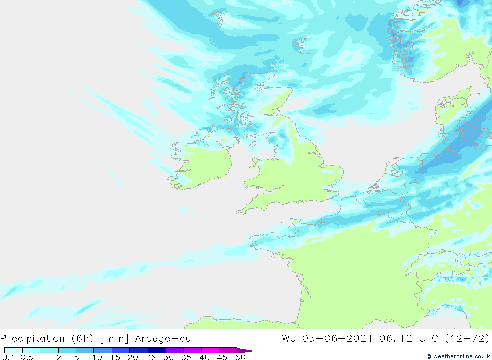 Precipitación (6h) Arpege-eu mié 05.06.2024 12 UTC