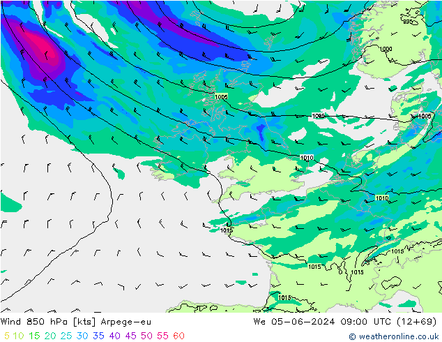 Wind 850 hPa Arpege-eu We 05.06.2024 09 UTC