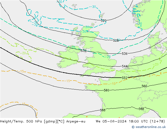 Height/Temp. 500 hPa Arpege-eu mer 05.06.2024 18 UTC