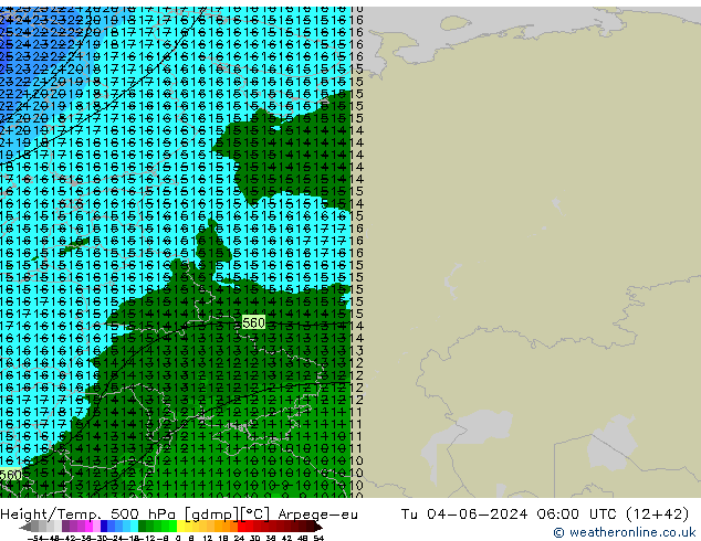 Height/Temp. 500 hPa Arpege-eu Tu 04.06.2024 06 UTC