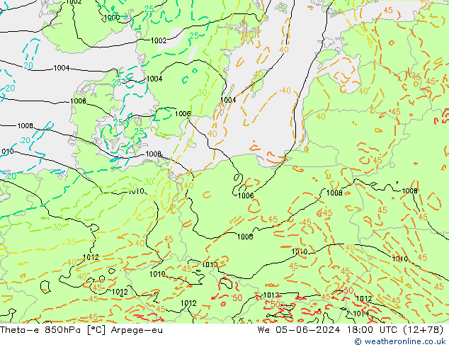 Theta-e 850hPa Arpege-eu śro. 05.06.2024 18 UTC