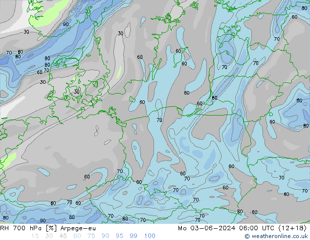 RH 700 hPa Arpege-eu Mo 03.06.2024 06 UTC