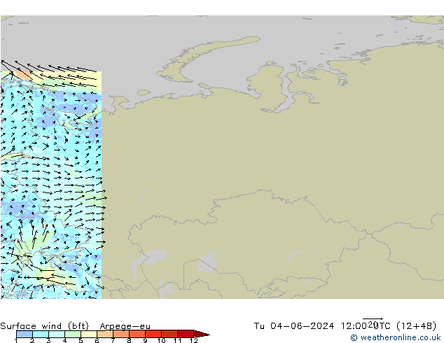 ве�Bе�@ 10 m (bft) Arpege-eu вт 04.06.2024 12 UTC