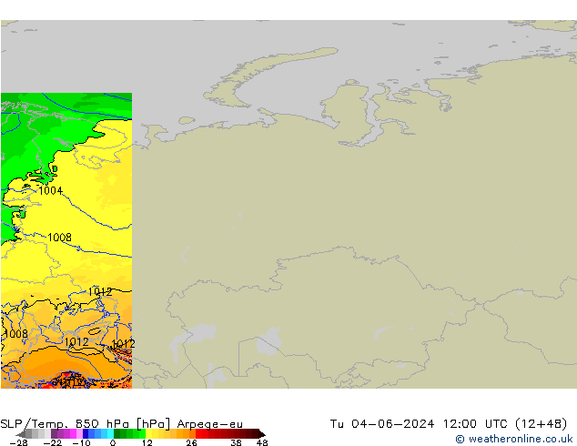 SLP/Temp. 850 hPa Arpege-eu Tu 04.06.2024 12 UTC