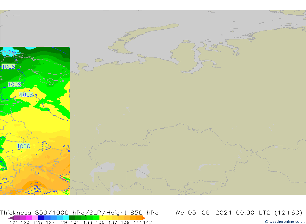 Schichtdicke 850-1000 hPa Arpege-eu Mi 05.06.2024 00 UTC