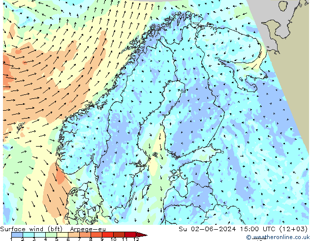 wiatr 10 m (bft) Arpege-eu nie. 02.06.2024 15 UTC