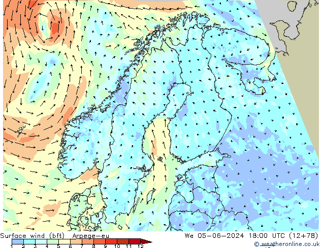 Vent 10 m (bft) Arpege-eu mer 05.06.2024 18 UTC