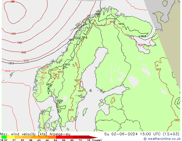 Max. wind velocity Arpege-eu Su 02.06.2024 15 UTC