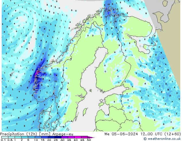 осадки (12h) Arpege-eu ср 05.06.2024 00 UTC