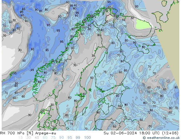 RH 700 hPa Arpege-eu So 02.06.2024 18 UTC