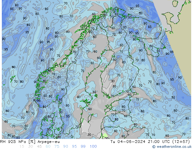 RH 925 hPa Arpege-eu Tu 04.06.2024 21 UTC