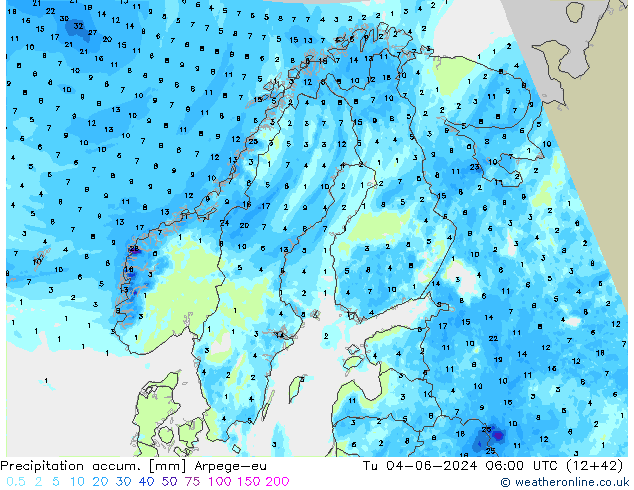 Precipitation accum. Arpege-eu Tu 04.06.2024 06 UTC