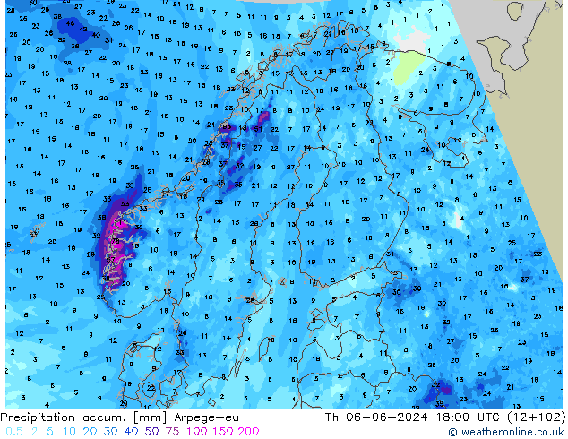 Precipitation accum. Arpege-eu Qui 06.06.2024 18 UTC