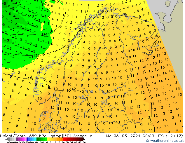 Height/Temp. 850 hPa Arpege-eu Seg 03.06.2024 00 UTC