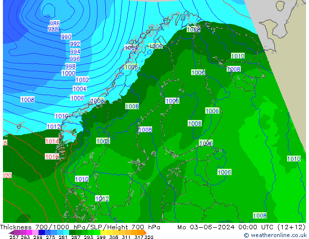 Espesor 700-1000 hPa Arpege-eu lun 03.06.2024 00 UTC