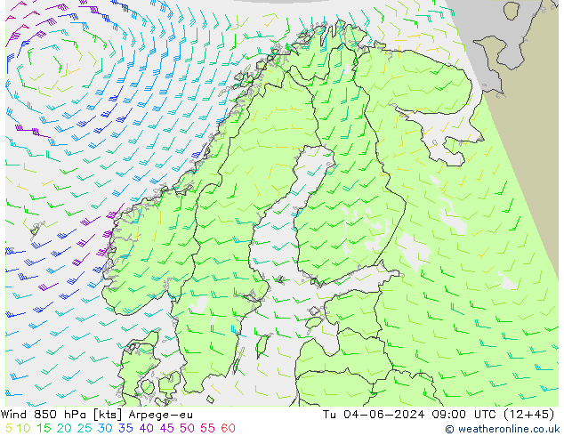 Wind 850 hPa Arpege-eu Út 04.06.2024 09 UTC