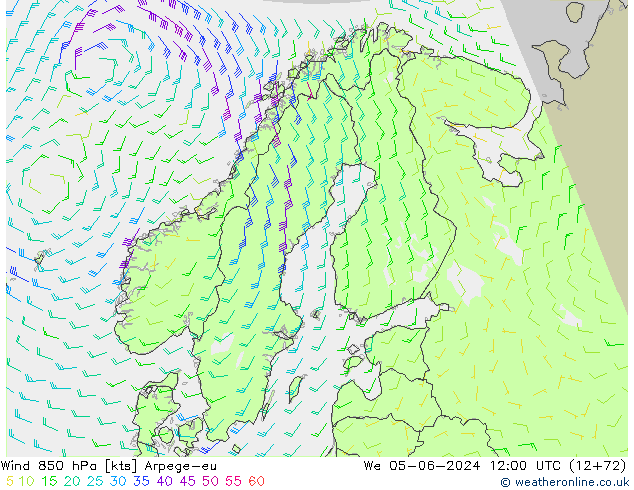 Vento 850 hPa Arpege-eu mer 05.06.2024 12 UTC