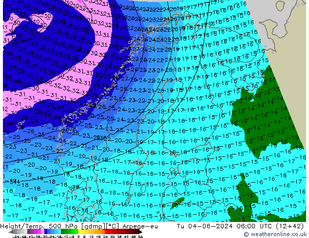 Height/Temp. 500 hPa Arpege-eu Tu 04.06.2024 06 UTC