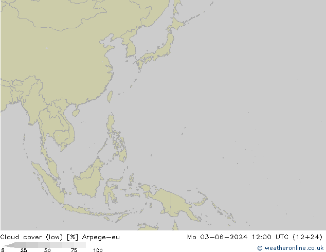 Cloud cover (low) Arpege-eu Mo 03.06.2024 12 UTC