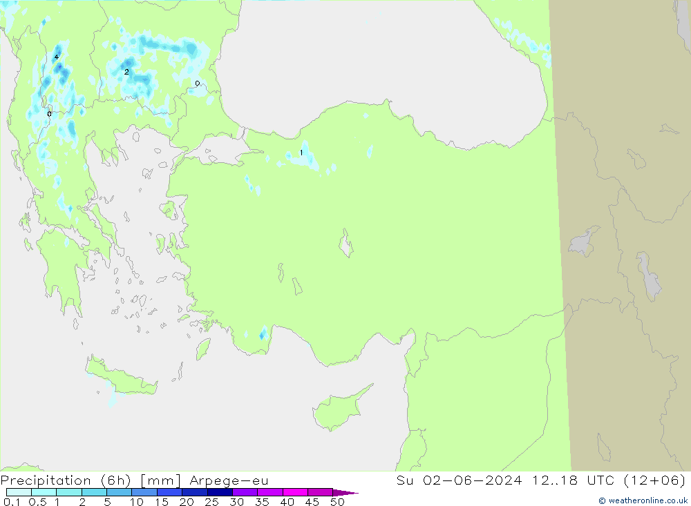 Précipitation (6h) Arpege-eu dim 02.06.2024 18 UTC