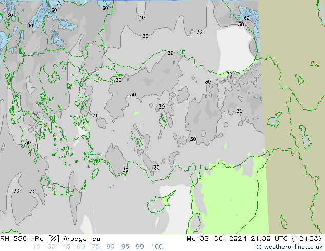 Humidité rel. 850 hPa Arpege-eu lun 03.06.2024 21 UTC