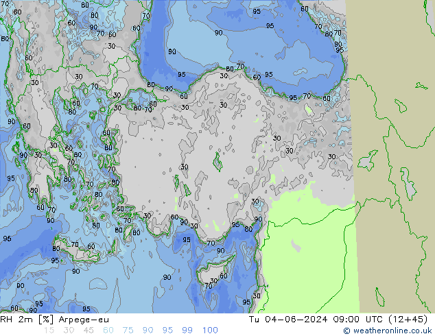 Humidité rel. 2m Arpege-eu mar 04.06.2024 09 UTC