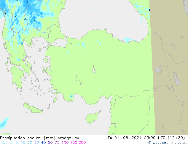 Precipitation accum. Arpege-eu Út 04.06.2024 03 UTC